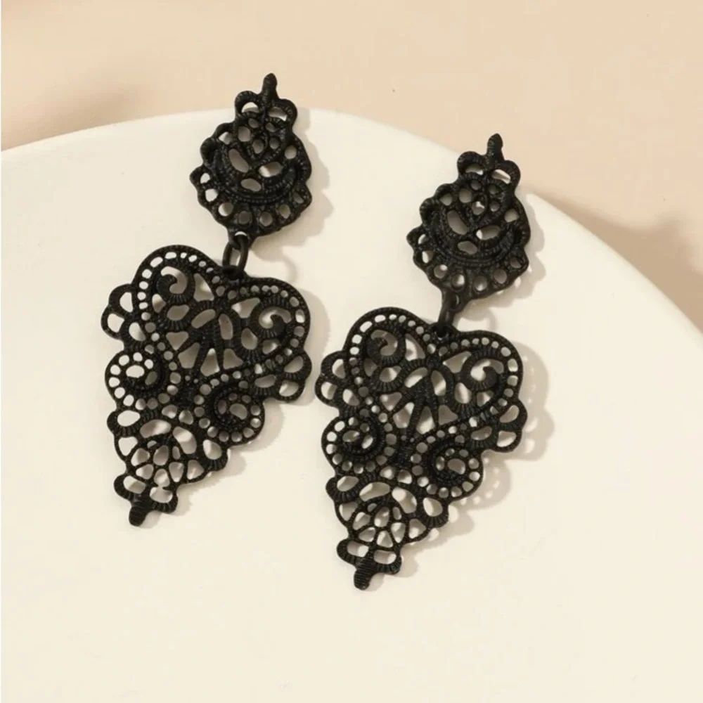 Lacy Gothic Glam GoddessWear Filigree & Scroll Gunmetal Black StatementE… - Picture 4 of 4